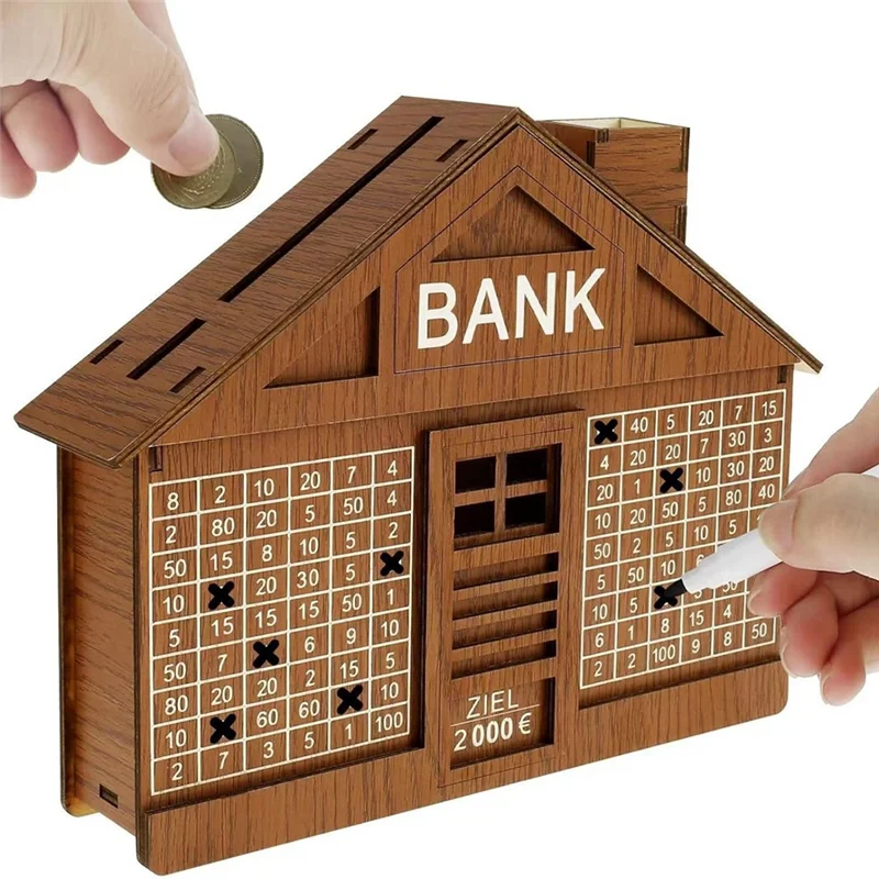 صندوق نقود خشبي للأطفال البالغين مع عداد توفير المال من القصدير قابل لإعادة الاستخدام