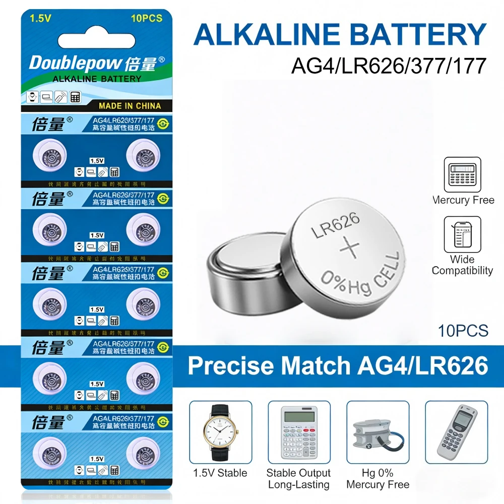 Doublepow High Capacity SR626SW AG4 LR626 377A Alkaline Button Battery for Watch Flashlight Toy