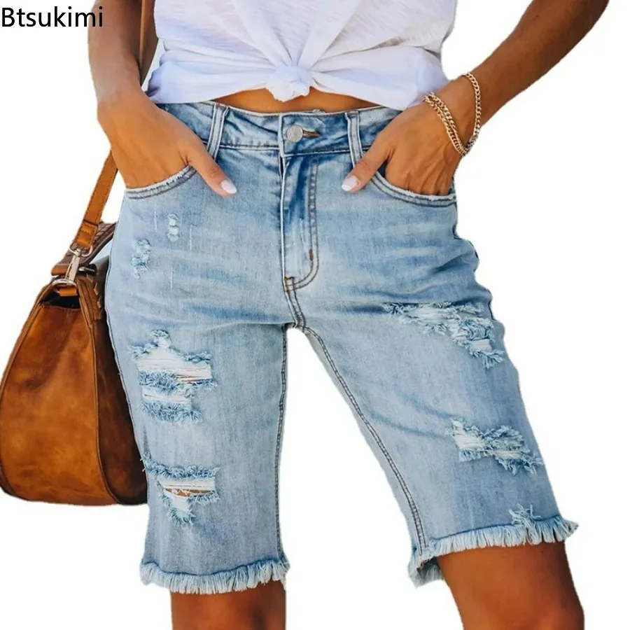 

2024Women's Summer Ripped Jeans Shorts High Elastic Skinny Pants Mid Waist Five Points Pants Women Slim Hole Ladies Denim Shorts