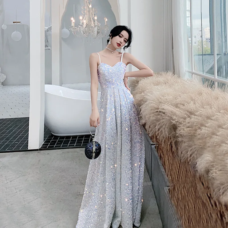 

White Elegant Long Birthday Dress Women's 2026 New Strap Sequin Party Ball Gown High Waist Other Fabric Chinese Made Summer