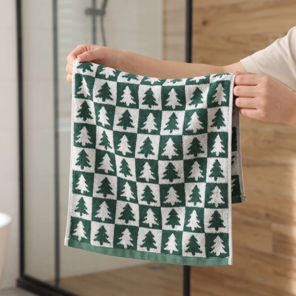 Soft Red Christmas Towel Plaid Absorbent Bath Face Towel Combed Cotton Green Christmas Trees Shower Towel Xmas Gift