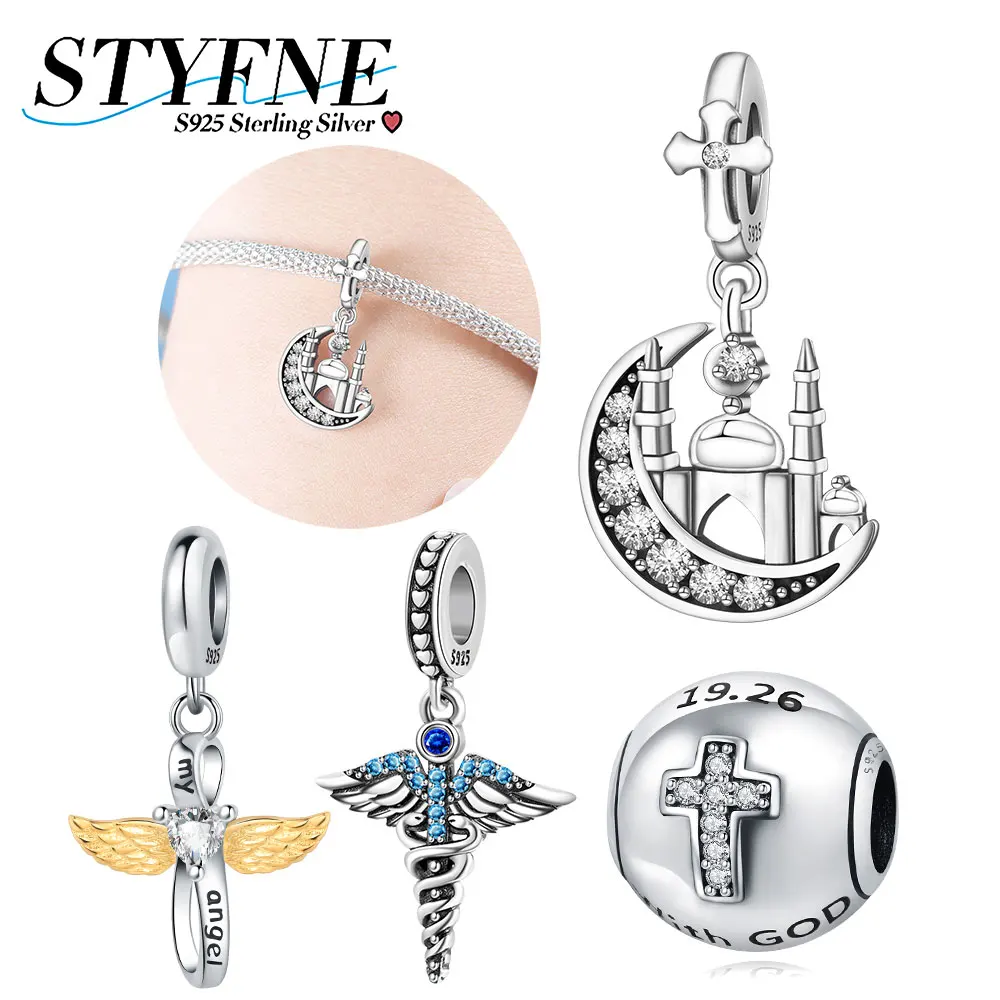 925 Sterling Silver Caduceus Bible Cross Symbol Angel Wings Infinity Beaded Fit Pandora Original Bracelet DIY Jewelry Gift