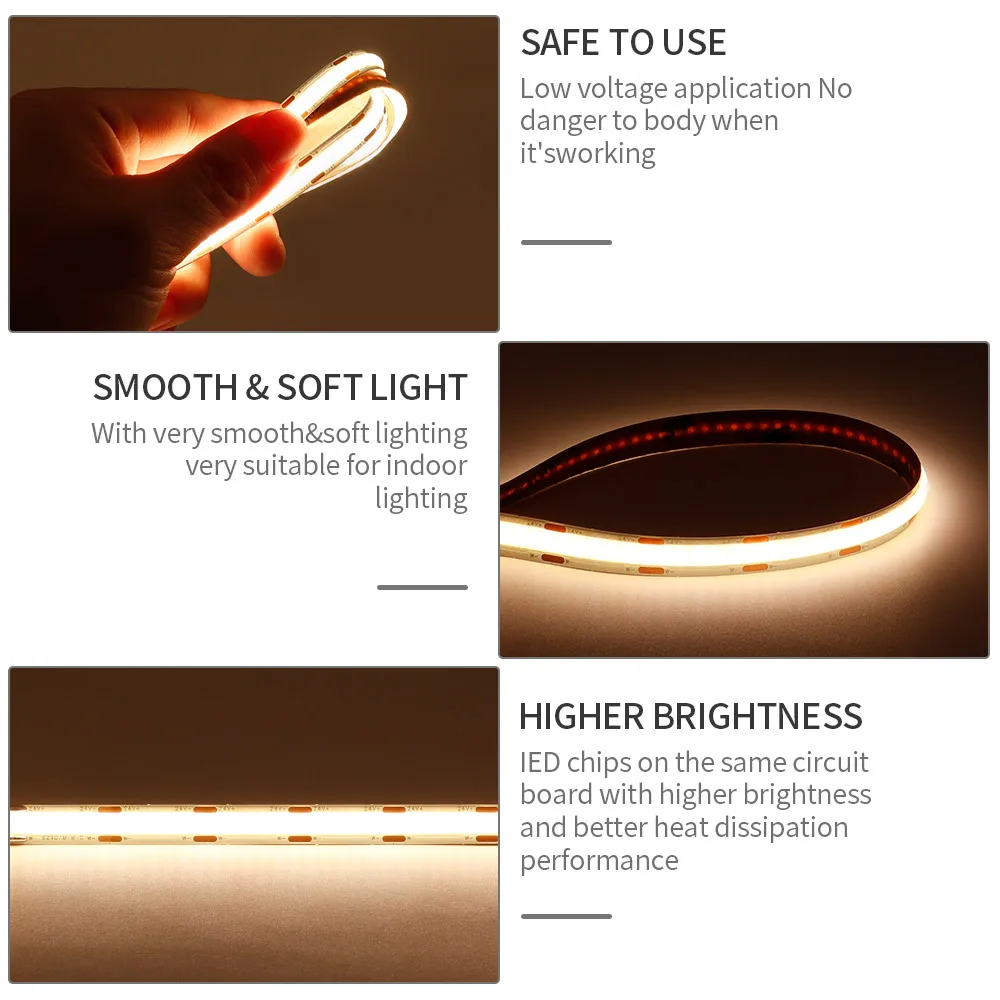 COB CCT LED Strip Lights 608/624Leds/M  High Density Flexible FOB COB 8mm Led Light RA90 2700K-6500K Linear Dimmable DC24V