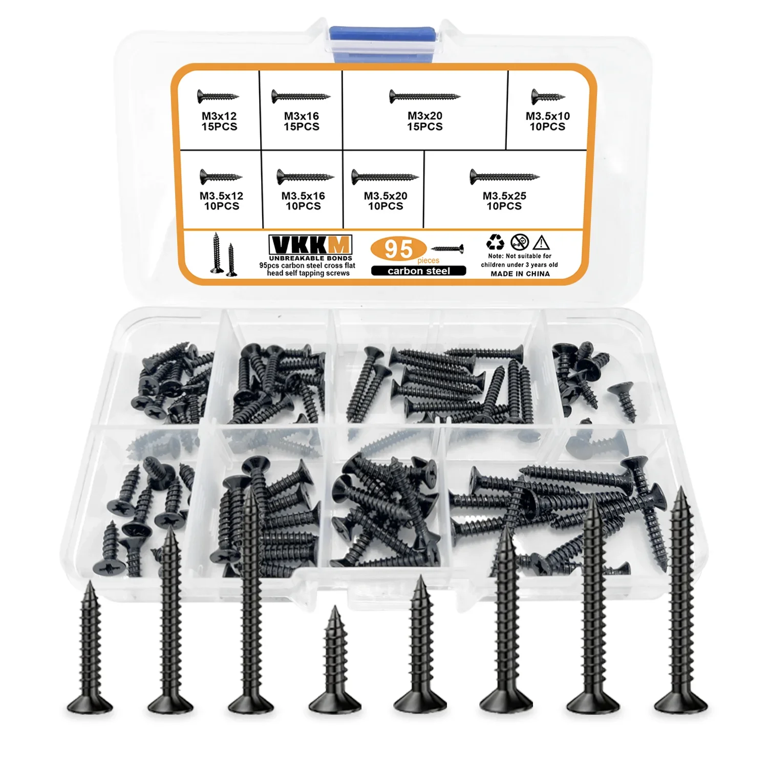 M3 To M3.5 Flat Head Cross Wood Screw Assembly Fastener Kit, Cross Grooved Countersunk Head Tapping Screws Carbon Steel -95 PCS