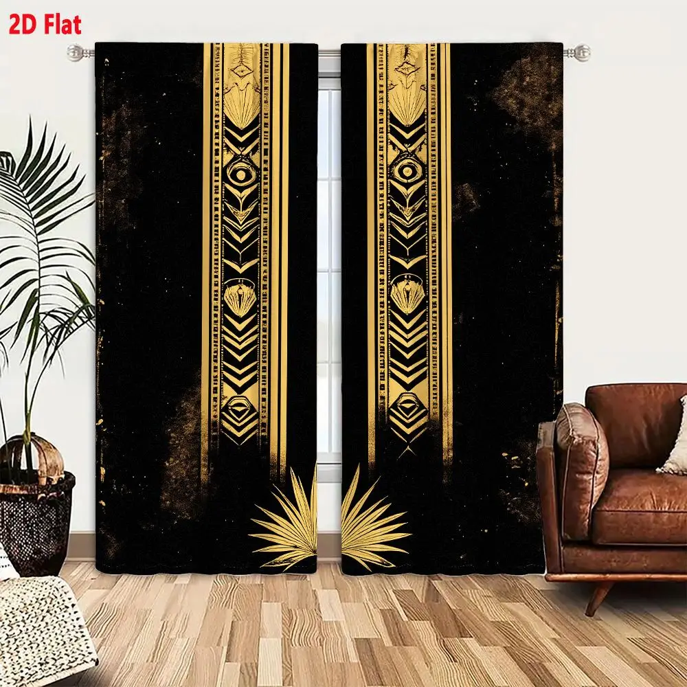 2Pcs Curtains Add 2D Flat Art Deco Gold And Black Decorative Bands With Geometric Patterns And Starburst Emblem Window Drapes fo