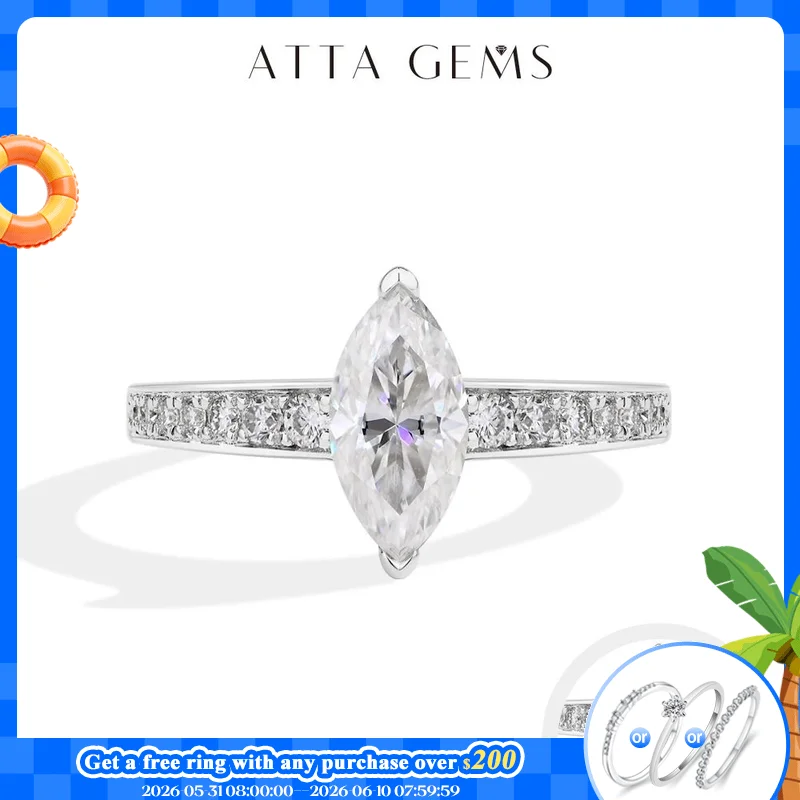 ATTAGEMS 1.0CT Moissanite Ring for Women 5*10mm Marquise Cut Stone S925 Pure Silver Wedding Engagement Luxury Rings Fine Jewelry