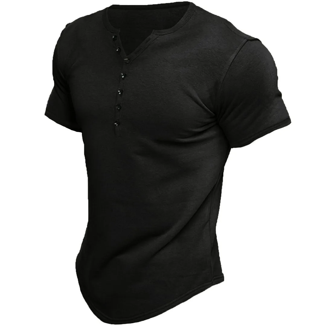 New Summer Harajuku Henry Collar T-Shirt for Men Solid Short Sleeve Button Casual Tshirt Fashion Tees Mens Clothing 2026