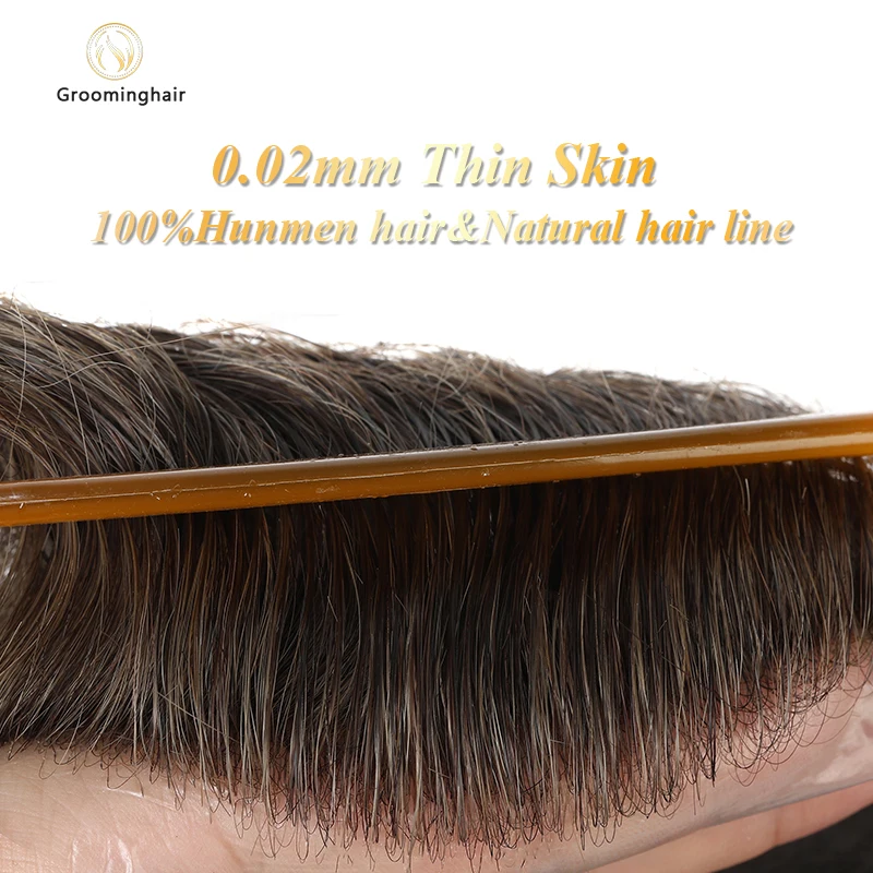 0,02-0,04 MM V Loop Hair hombres peluquín 0204 piel PU prótesis de cabello humano peluca piel completa PU postizo hombres peluquín reemplazo de cabello