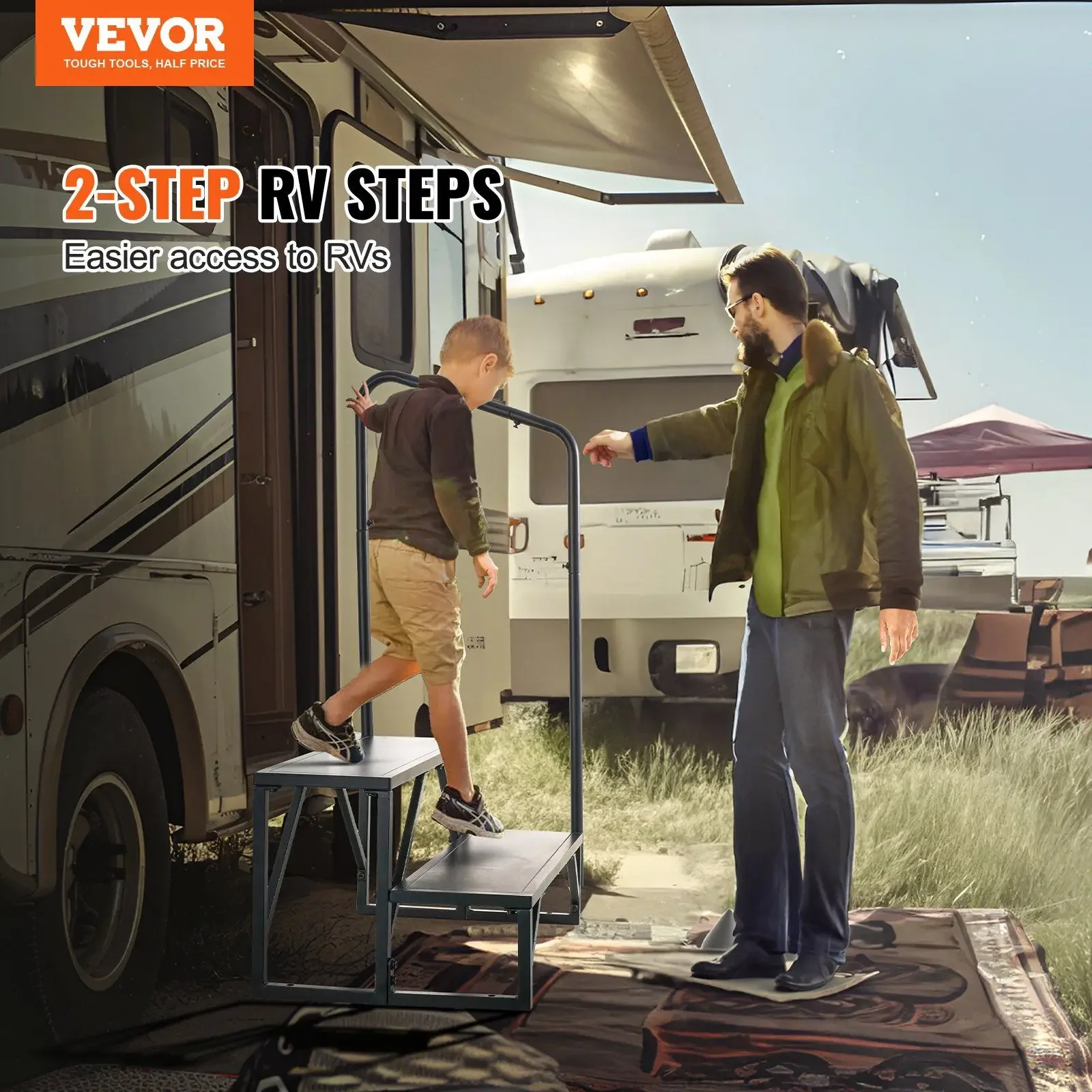 "2-Step RV Stairs – 440LB Capacity, Carbon Steel w/ Handrail for Campers/Trailers."