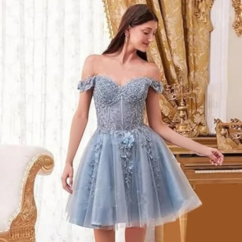 

Off the Shoulder Tulle Homecoming Dress Lace Appliques A-Line Prom Dress Short A-Line Cocktail Dress for Party Dress Customized