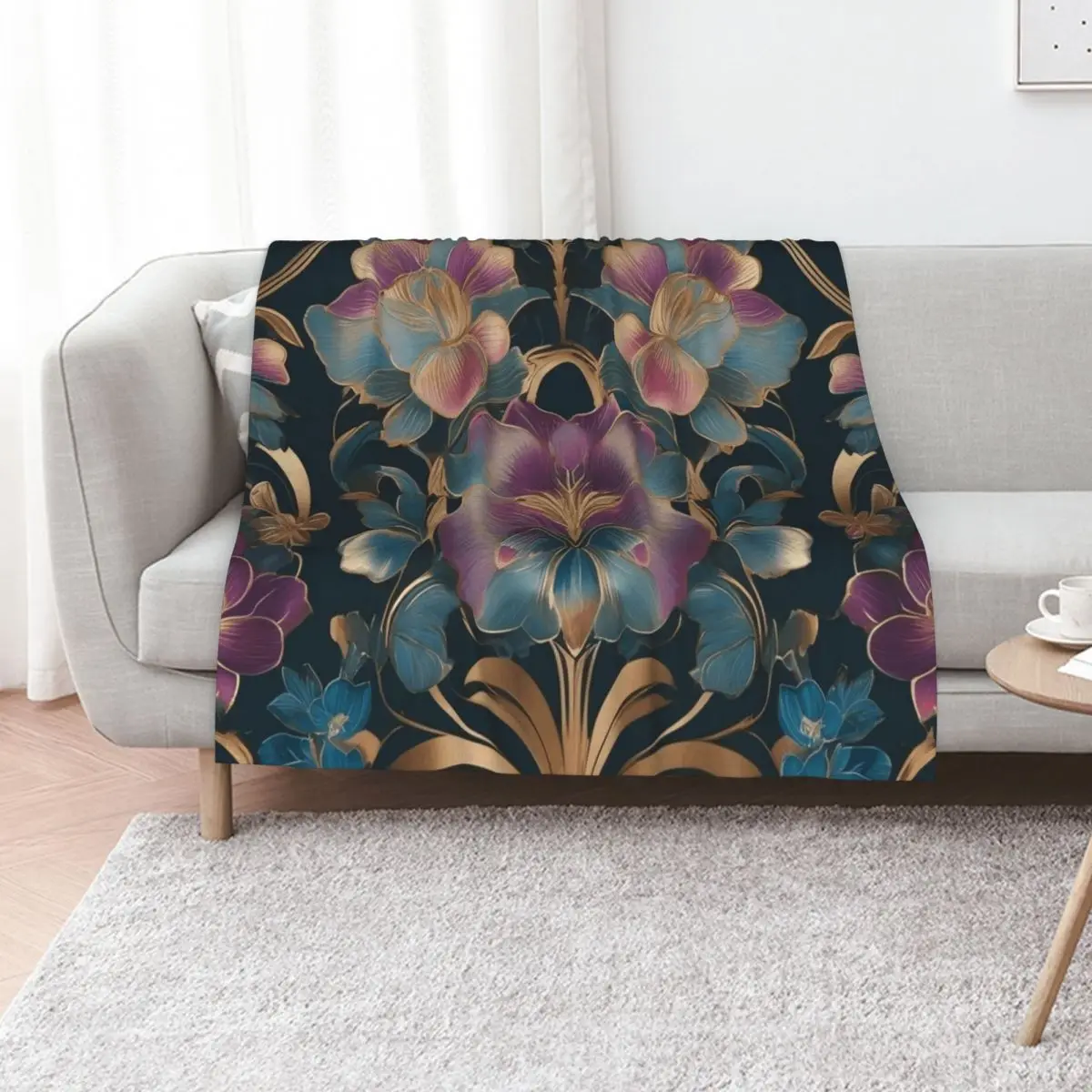 

Art Deco Purple Gold Flower Pattern Throw Blanket Fashion Sofas Shaggy Softest Weighted Blankets