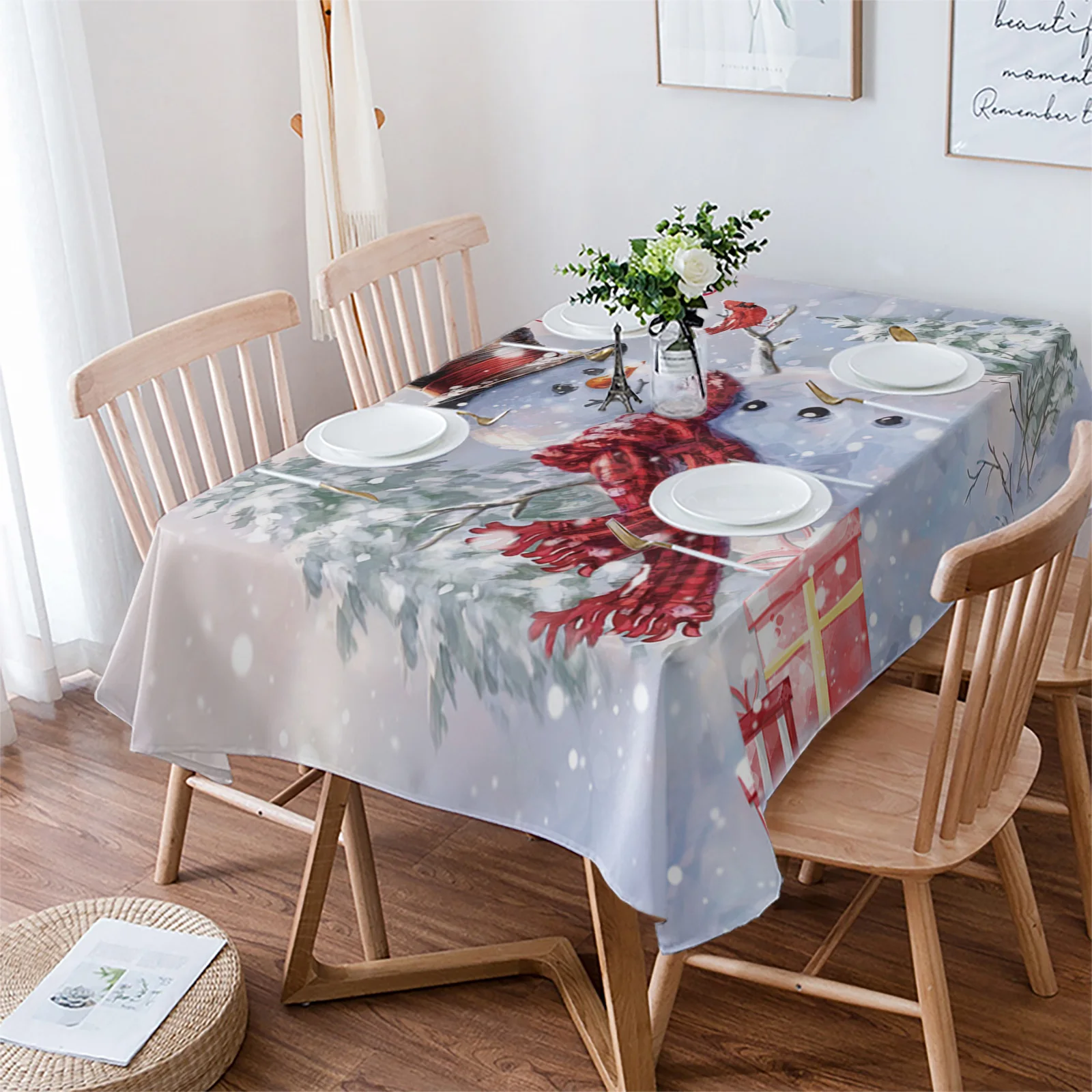 Christmas Snowman Cardinal Table Cloth Waterproof Dining Tablecloth Kitchen Decorative Party Table Cover