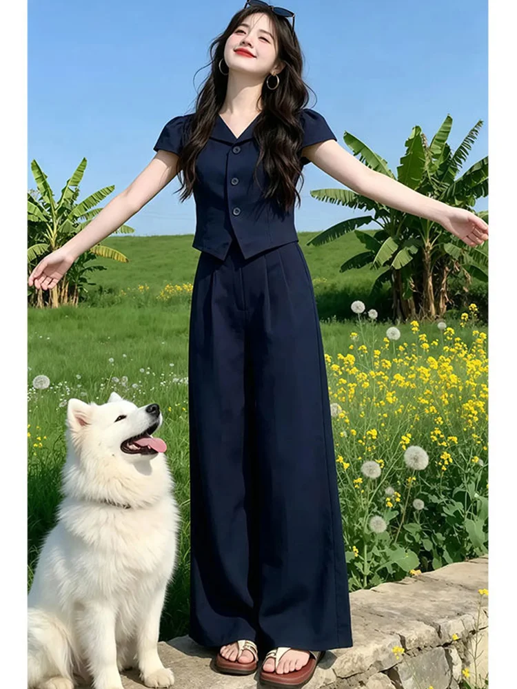Elegant Women's Summer 2026 Shirt And Wide Leg Pants Two-Piece Set Short Sleeve Turn-down Collar Comfortable Casual Fashion