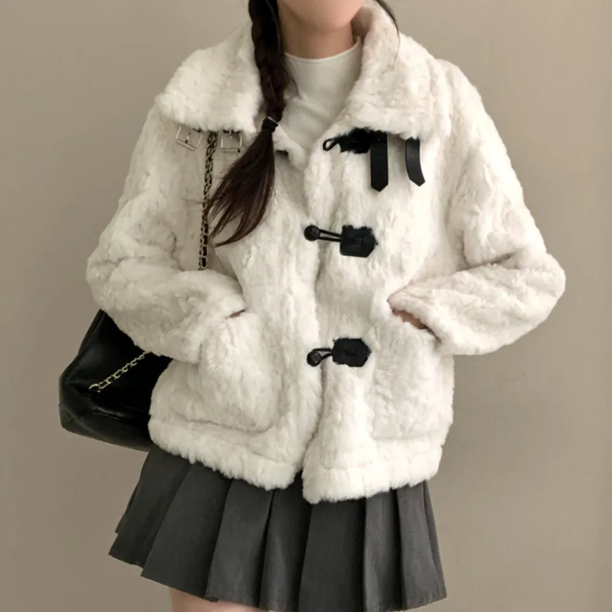 

Chic Sweet Autumn Winter Lamb Fur Jaet Stand Collar Color Blo Warm Women's Coat Sli Commute Sle Long Sve Button ...