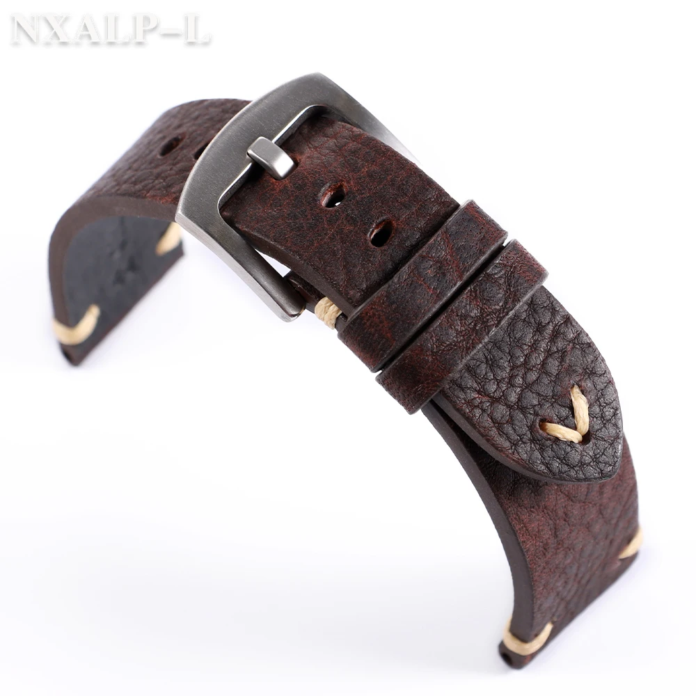 Stitching Cowhide Strap Vintage Italian Distressed Genuine Leather Watch Band 18mm 20mm 22mm for Omega for Seiko Smart Wristband