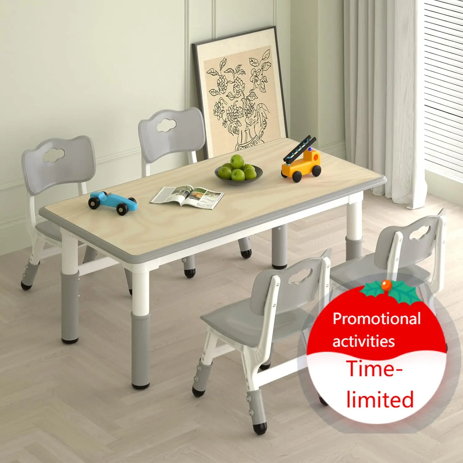 

Kids Study Table and 4 Chairs Set,Height Adjustable Table and Chairs for Children and Toddlers,47.2"X23.6"Graffiti Desktop,Suita