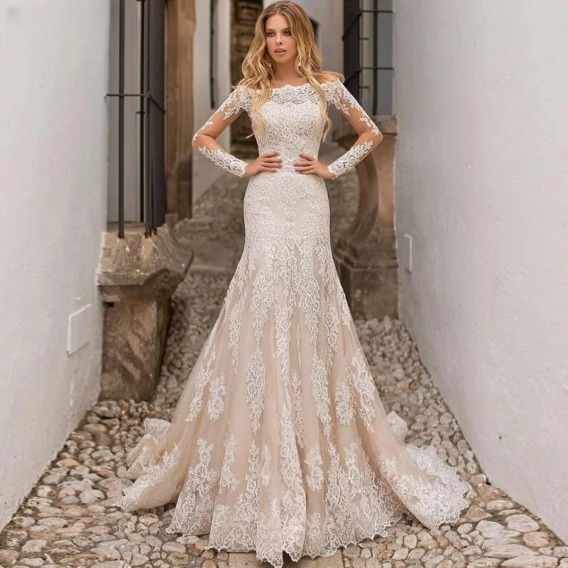 

Romantic Boat Neck Long Sleeve Mermaid Wedding Dresses 2024 Gorgeous Appliques Lace Train Trumpet Bridal Dress