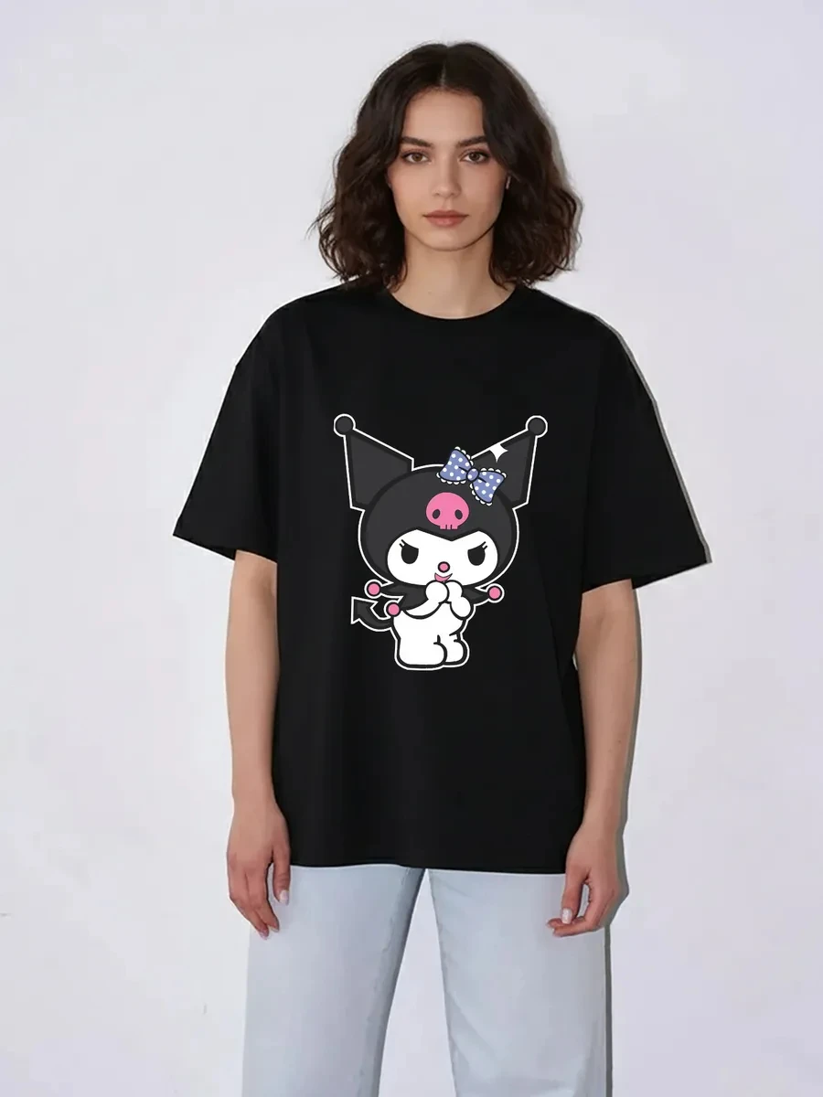 Sanrio Kuromi Women Short Sleeve T Shirt Polka Dot Bow Cartoon Graphic Tee Kawaii Girls Summer Casual Oversized Tops