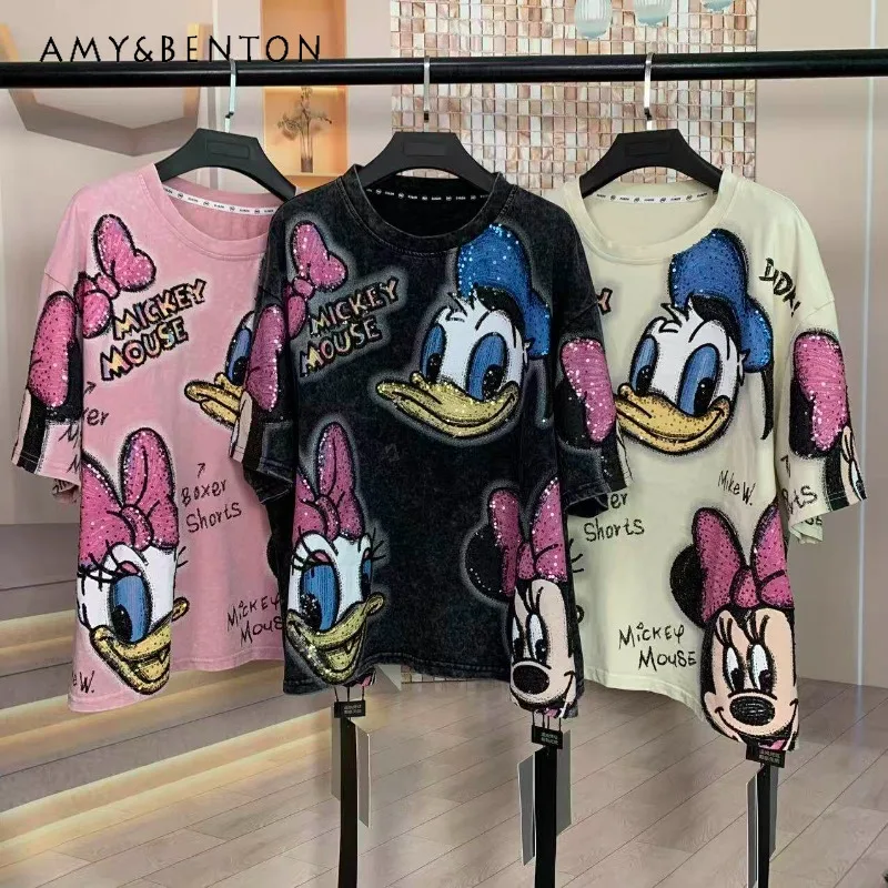 

Trendy Summer New Arrivals Heavy-industry Washed Cartoon Oversized Short-sleeves T-shirt Top Women's Y2k Kawaii Clothes Tshirts