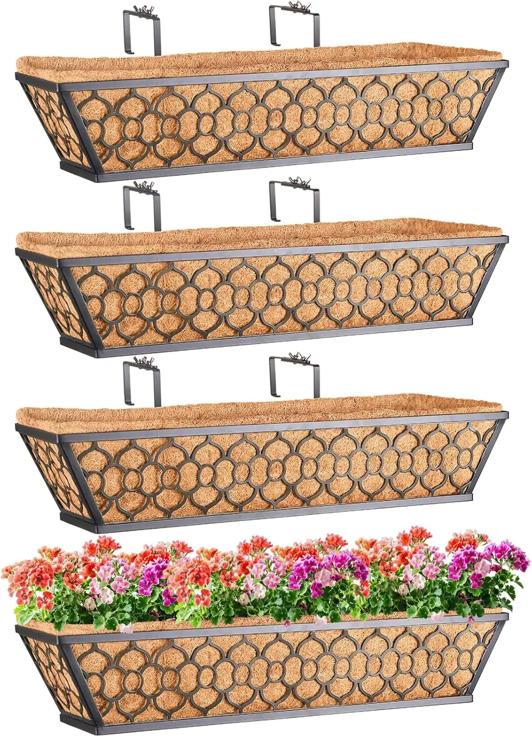

4 Pack 24 Inch Window Box Planters with Coco Liner, Metal Railing Planter Boxes for Outdoor Balcony Fence Patio