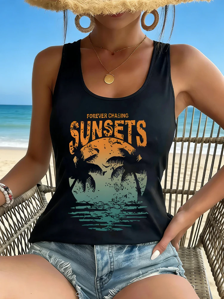 

Forever Chasing Sunsets Vintage Ocean Beach Graphic Tank Top Women Fashion Vacation Style Sleeveless Tshirt Female Sexy Vest