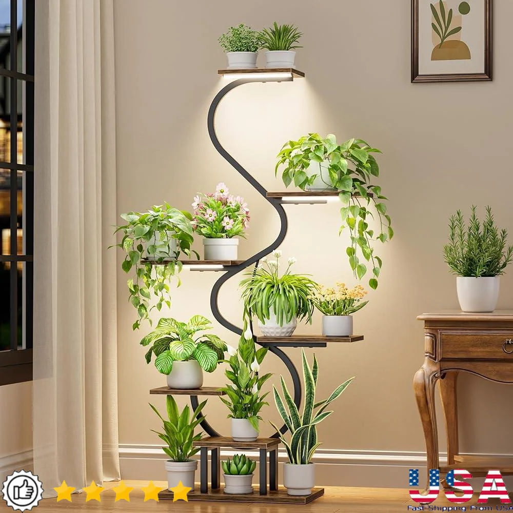 Indoor Plant Stand with Full Spectrum Grow Light 7 Tier Metal Shelf Corner and Decorative Display