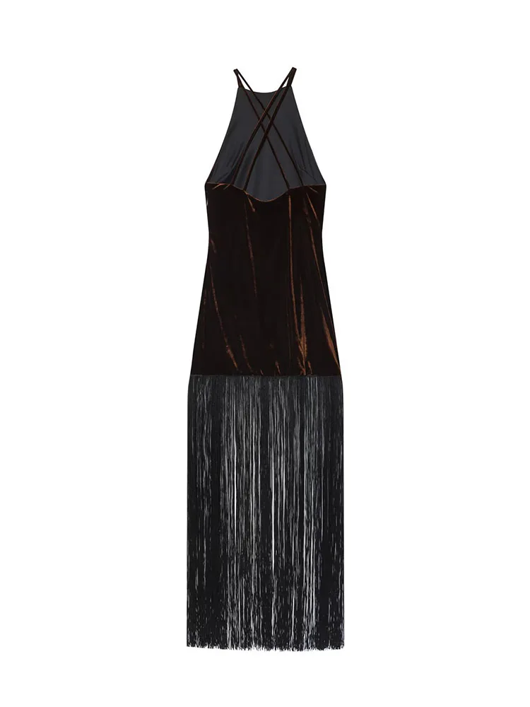 فستان نسائي HH بسحاب جانبي مطوي بدون ظهر وياقة وشاح فستان طويل صيفي أنيق بدون أكمام فساتين منظور لصق #2