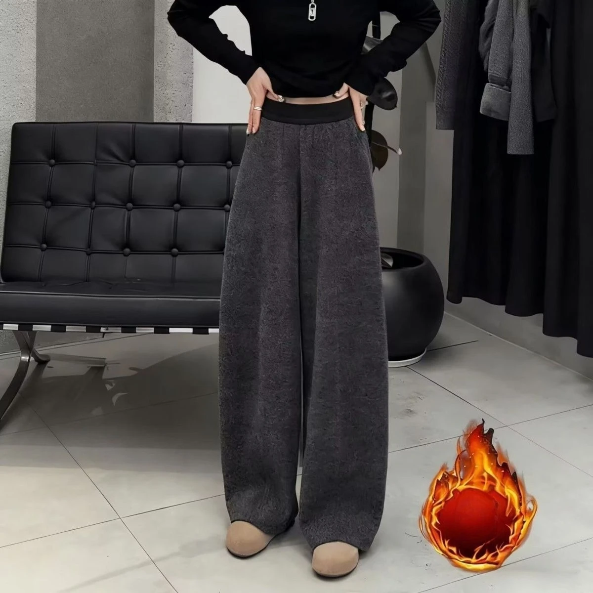 Autumn Winter Soft Skin-Friendly Knitted Pants Women Solid Color Drape Straight Leg Pants Simple Casual High Waist Wide Leg Pant