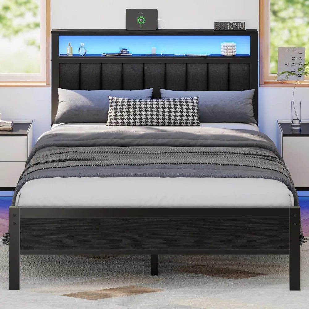 Struttura letto a grandezza naturale con stazione di ricarica e luci a LED, letto a piattaforma con doghe in metallo, testiera imbottita grigia