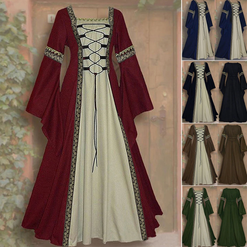 Cosplay Party Outfit Medieval Court Dress Long Sleeve Gothic Dress Cosplay Costume Gothic Vintage Costume Floral Patterns Dress