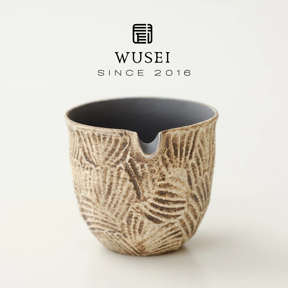 Wusei Handmade Old Rock Mud Public Cup with Bird Feather Pattern Tea Ceremony Accessories Stone Texture Ceramic Tea Ocean