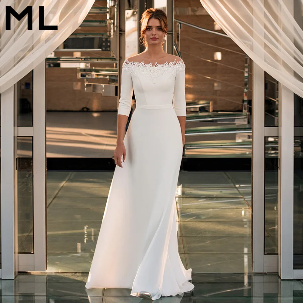 ML Simple Wedding Dress New Arrival Customized Boat Neck 3/4 Sleeves Beading Appliques A Line Jersey Bridal Gown Robe De Mariee