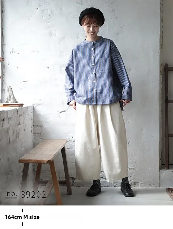 Spring 2026 Casual Washed round Neck Striped Loose Fit Cotton Shirt Women's Anti-Wrinkle Resistant to Deformation Anti-Stain ...