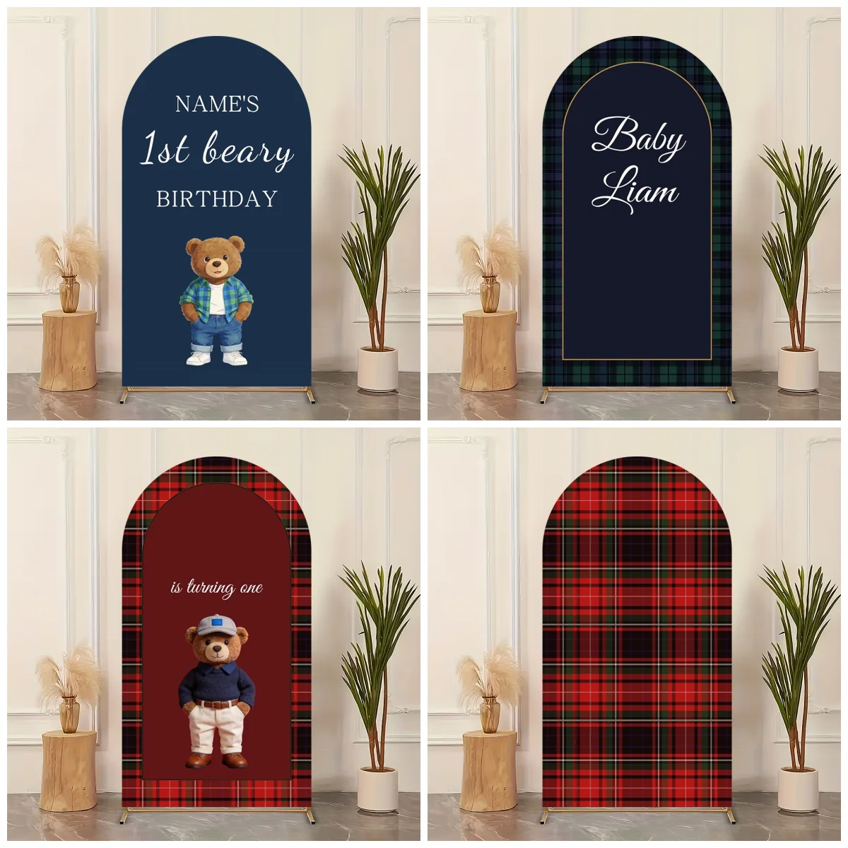 Plaid Teddy Bear Arch Backdrop Cover Cute Bear Baby Boy 1st Birthday Beary Themed Party Baby Shower Portrait Decor Backgrounds