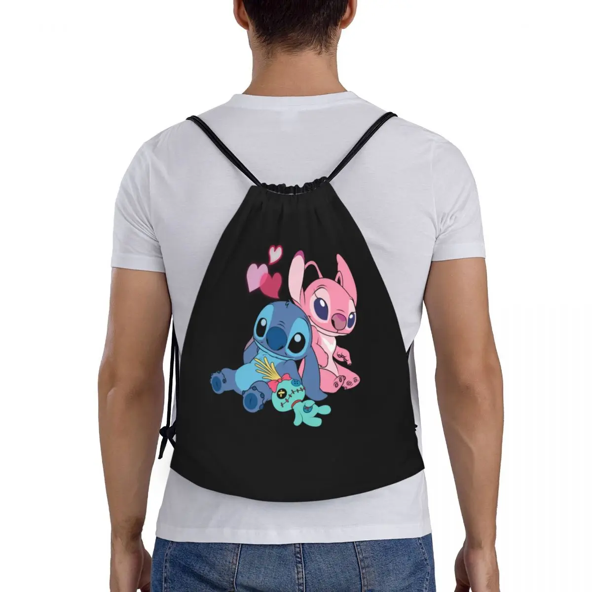 Tas Ransel Serut Malaikat Jahitan Kustom Tas Ransel Olahraga Gym Anime Disney Ringan Pria Wanita untuk Yoga