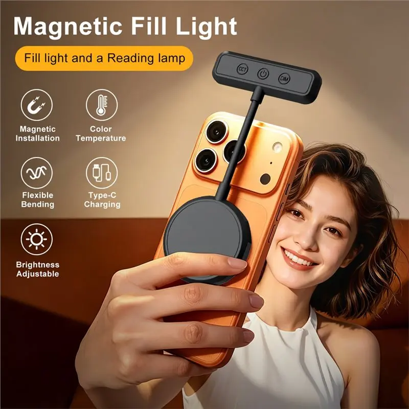 LED Fill Light Magnetic Selfie Lights 5 Brightness Levels & Temperature 360°Flexible Arm For Vlog Makeup