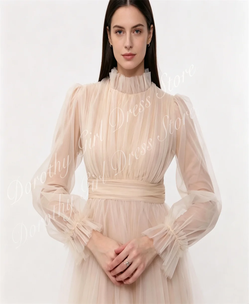 White Turtleneck Mother-of-the-bride Dress Suitable for Women with Mesh Sheer Full Sleeves Elegant Party Event Evening Gown