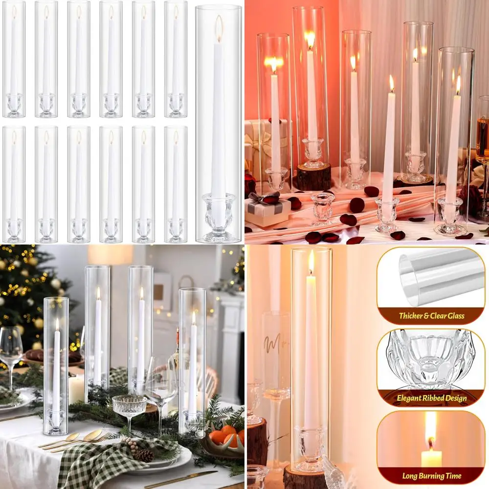 

10 Inch White Hurricane Candle Holders Set of 12 for Wedding Table Centerpieces, Elegant Cylinder Taper Candlestick Holders