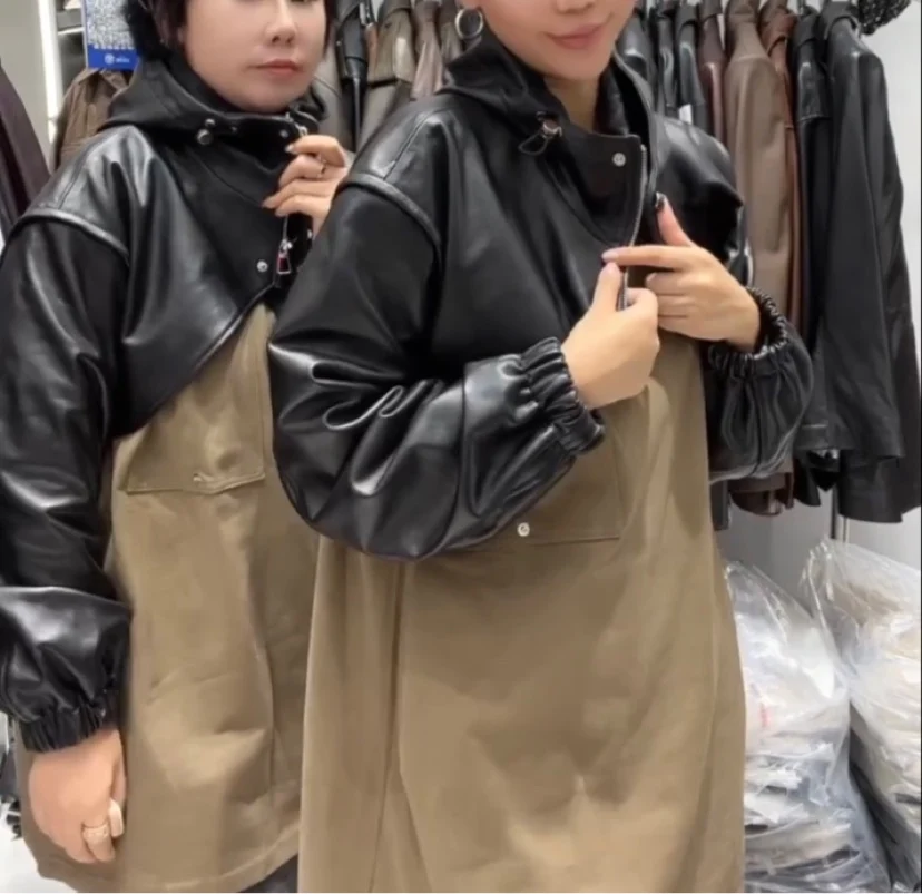 تأثير التخسيس Ultra-ort جلد الضأن Jaet المرأة طويلة Sve مقنعين فضفاضة تناسب ملابس خارجية من الجلد الطبيعي