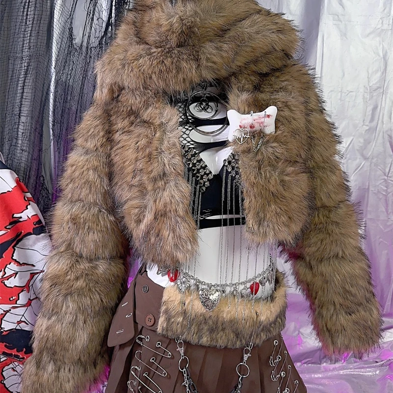 European American Style Y2K Hot Girl Punk Dark Pin Rock Women's Coat 2025 Autumn Winter New Gothic Faux Fur Short Jacket Ladies