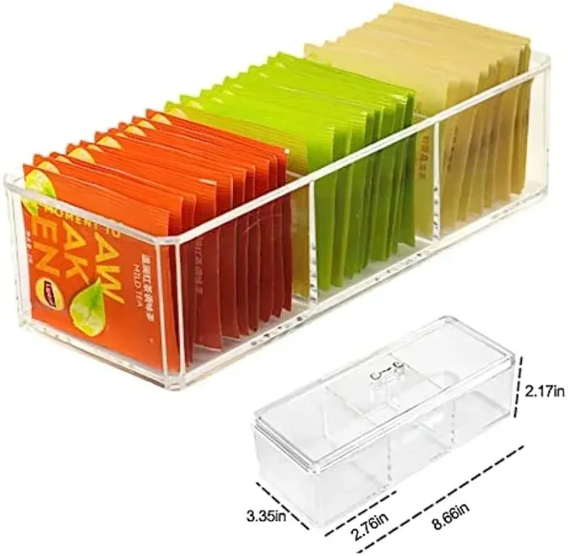 Acrylic Tea Container Storage Box Used in Kitchen Cabinet and Pantry| Holder for Tea Bags, Packets, Small Items, BPA free Clear