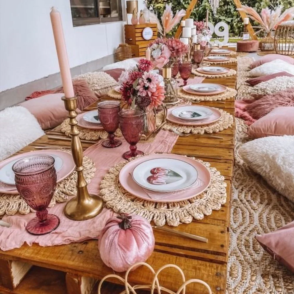 Imagem -04 - Boho Straw Woven Placemat Natural Tablemat Trançado Decoração Farmhouse para o Casamento Ação de Graças Party 13.5in 96 Pcs 48 Pcs 24 Pcs 16 Pcs