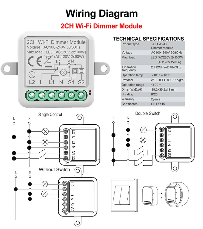 Tuya WiFi Smart Dimmer Switch Module 2 Way Control 1/2Gang Dimmable Light Timer App  Voice Control Works With Alexa Google Home