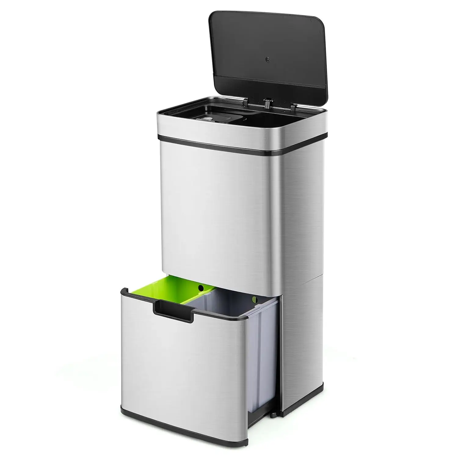 19 Gal Motion Sensor Trash Can, 72 L Volume in 4 Containers, Touchless Trash Bin w/Kitchen Waste Bin & 2 Bottom Recycling Bins,