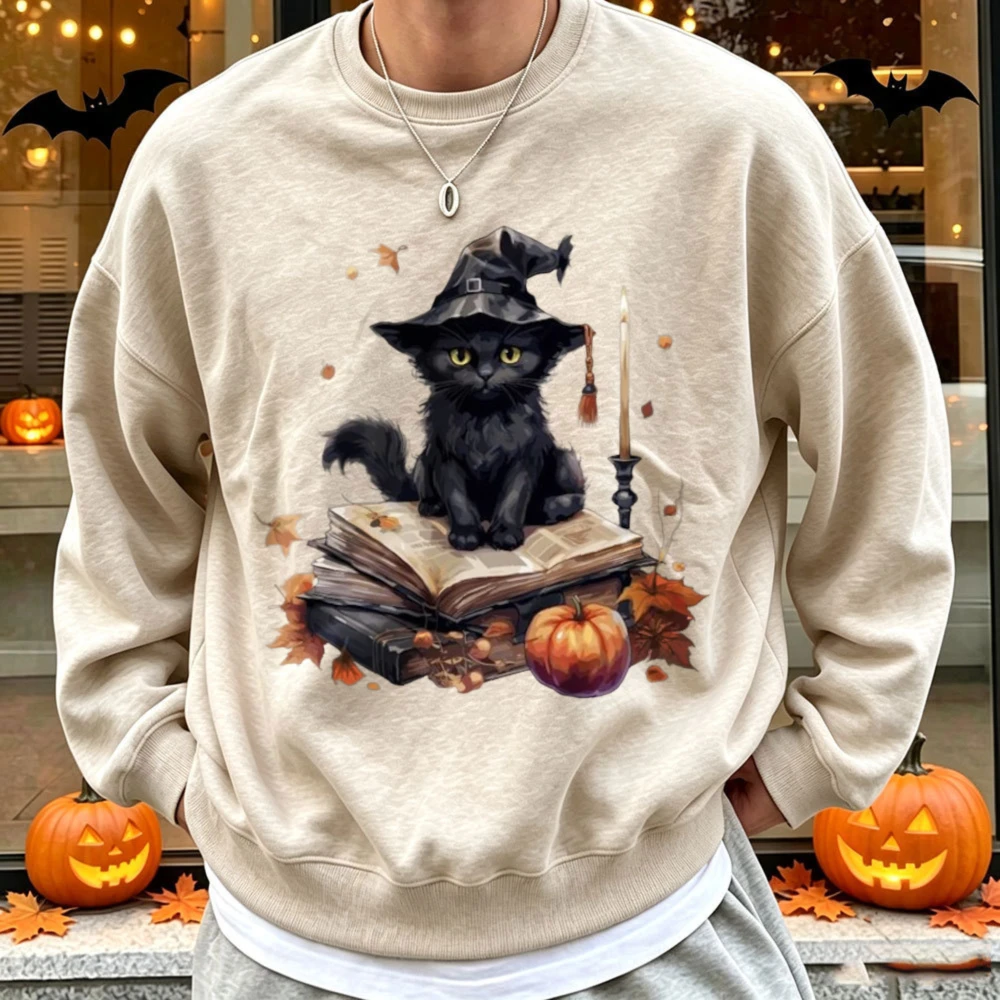 Witch Black Cat on Magic Books Pumpkin Autumn Leaves Candle Print Pullover Halloween Gothic Cat Lover Graphic Casual Loose Tops