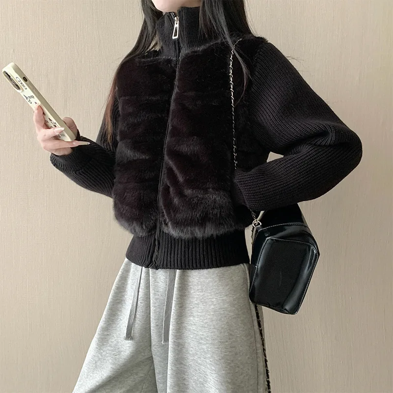 Women's Faux Fur Coat Zip Up Knit Spliced Short Jacket Winter Warm Casual Loose Outerwear Trendy Soft Cozy Fuzzy Female Coats