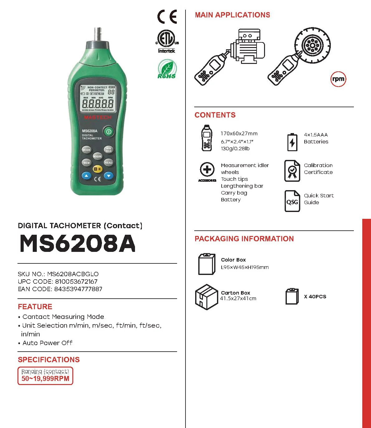 

MASTECH MS6208A/B Environmental Meters Tachometers LCD Display Contact Type Digital Tachometer RPM Meter Speed 50-19999RPM