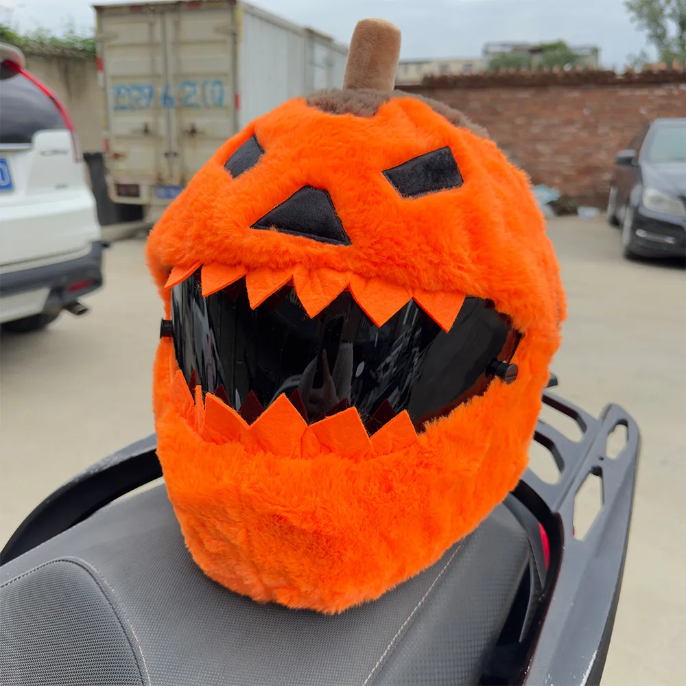 Cartoon Plush Halloween Pumpkin Motorcycle Helmet Cover, Funny Protective Helmet Case for Christmas Motorbike Accessories