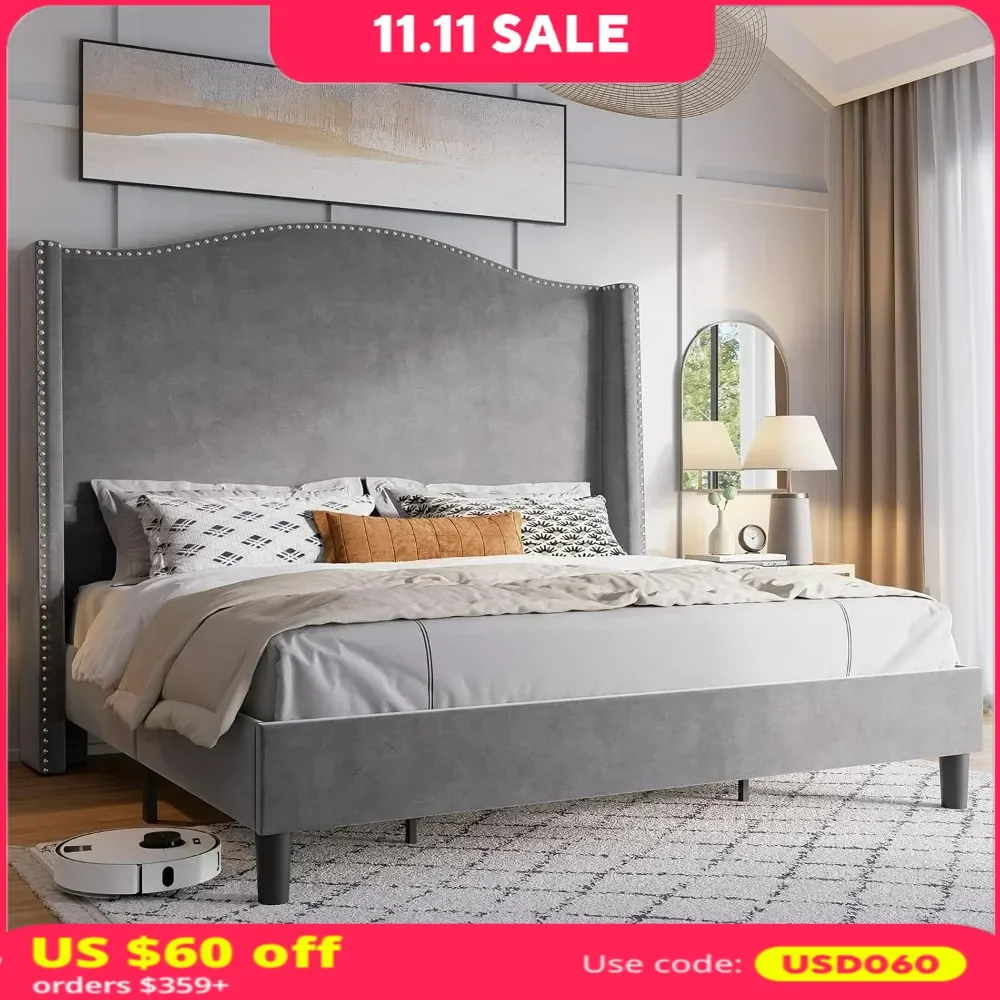 

King Platform Bed Frame 53" Tall Headboard Velvet Upholstered Tufted Wingback Bed/No Box Spring Needed，queen Bed Frame