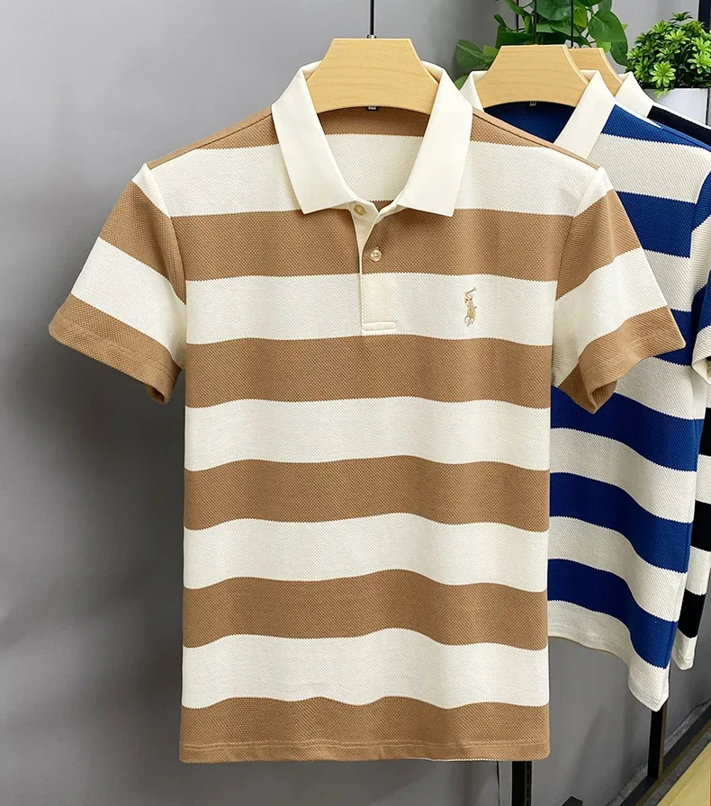 2024 New Summer High Quality Lapel POLO Shirt Short Sleeve Men\'s Breathable Fashion Striped Embroidered Business Casual Top